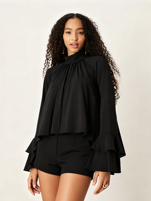 Black Ruffle Crop Top Short Set