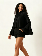 Black Ruffle Crop Top Short Set
