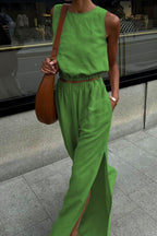 Casual Solid Colour Slit O Neck Sleeveless Two Pieces