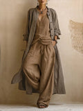 Linen-Cotton Long Cardigan, Sleeveless Top And Pants | 3-piece Set