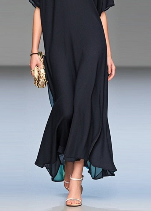 Italian Black V Neck Draping Chiffon Long Dress Summer – Calira London
