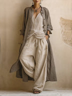 Linen-Cotton Long Cardigan, Sleeveless Top And Pants | 3-piece Set